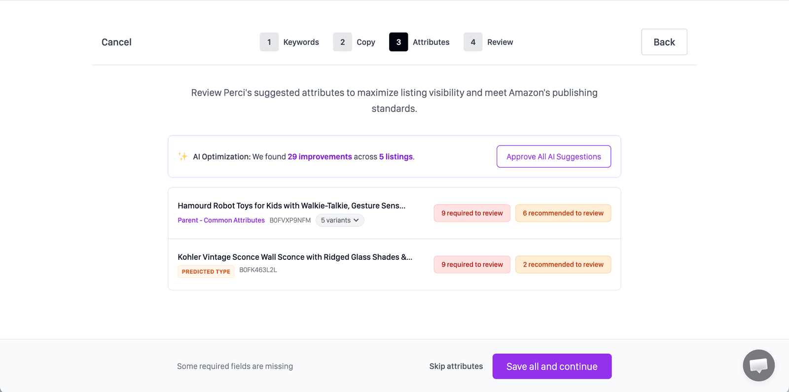 Perci bulk attribute review showing required and recommended Amazon fields across multiple listings