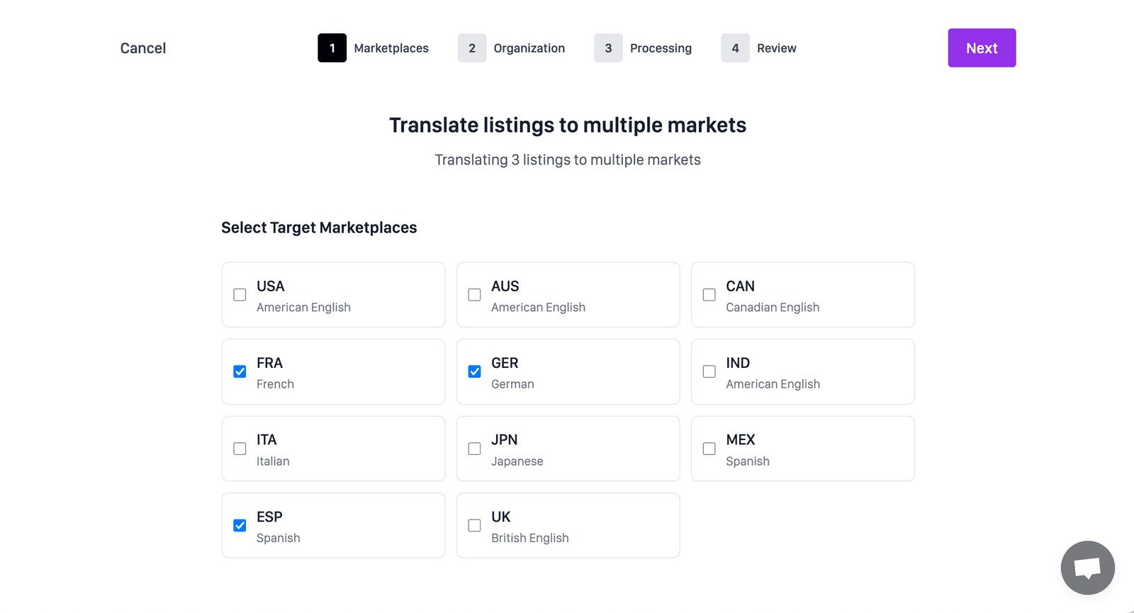 Perci target marketplace selection screen for listing translation