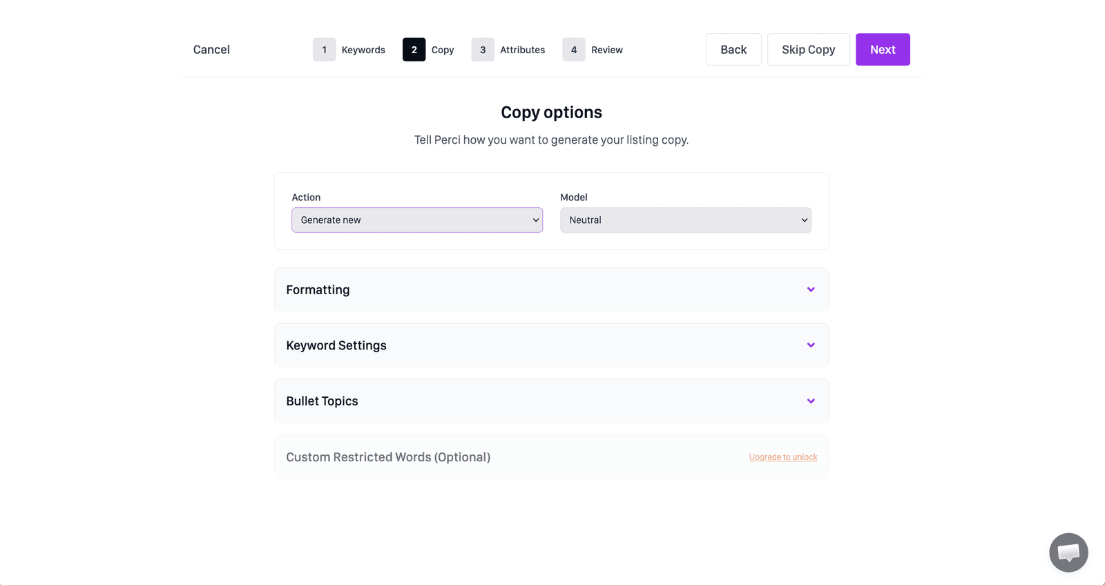 Perci complete rewrite settings